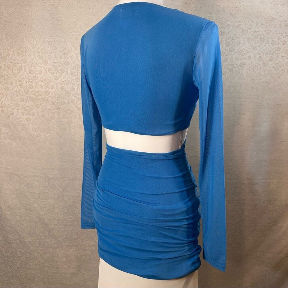 Tiger Mist Jossi Blue Mini Dress Size Small Cut-Out Sheer Long Sleeve Going Out - Picture 10 of 14